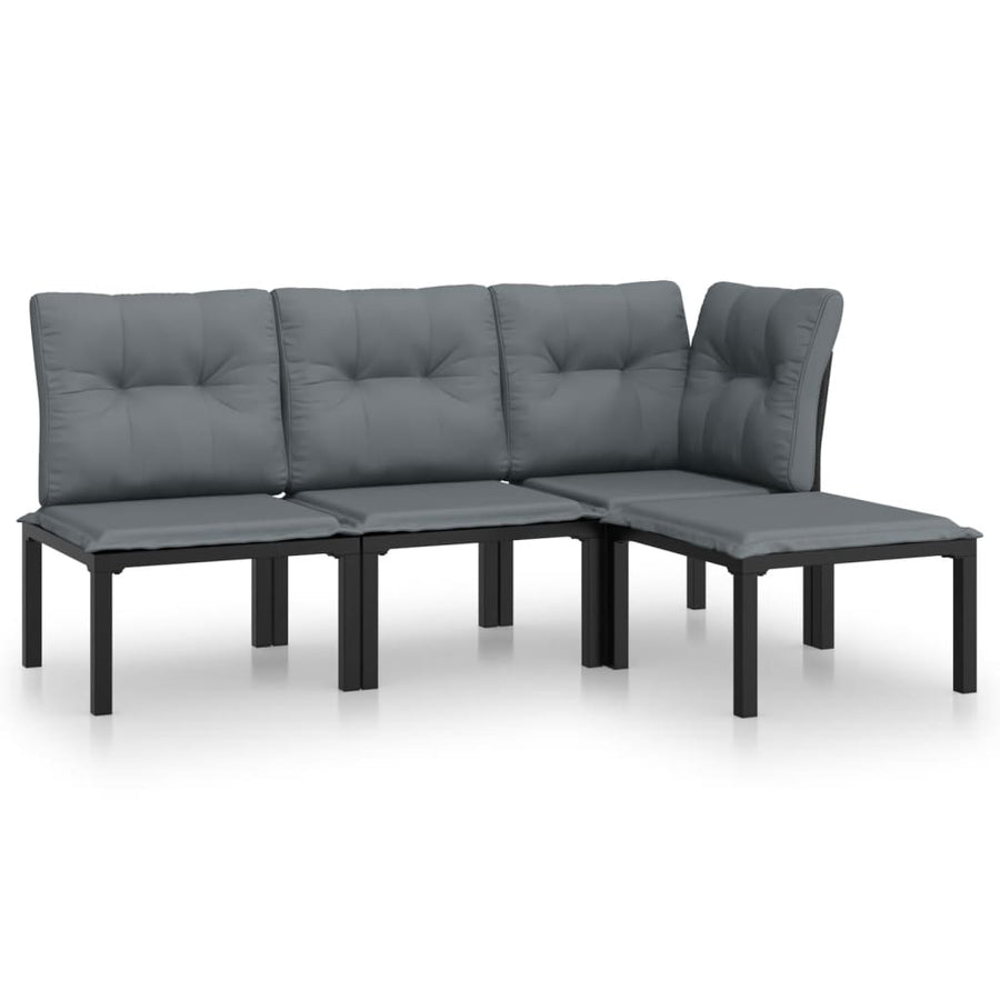 4-Delige Loungeset Poly Rattan Zwart En Grijs hoek + 2x midden + voetensteun