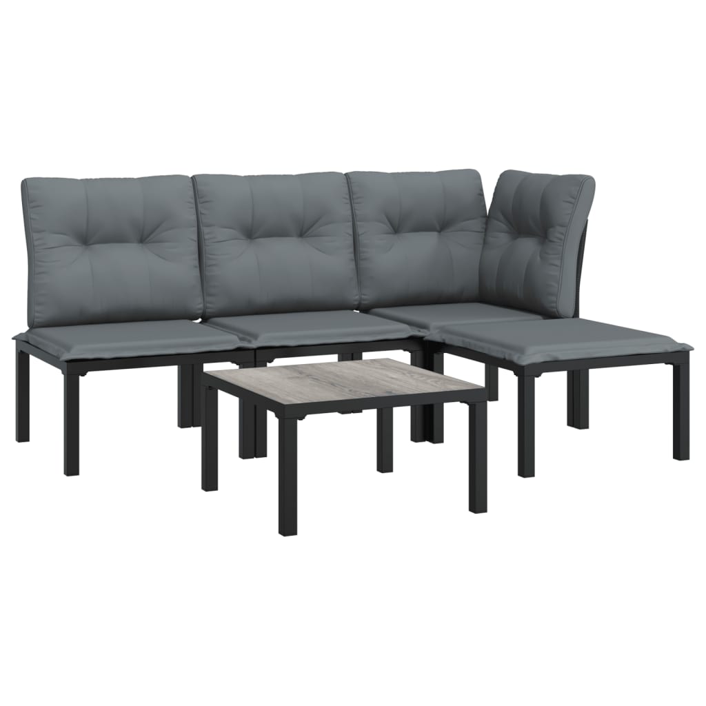 5-Delige Loungeset Poly Rattan Zwart En Grijs hoek + 2x midden + voetensteun + Tafel