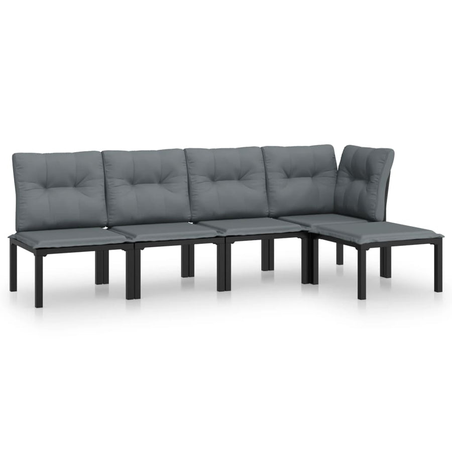 5-Delige Loungeset Poly Rattan Zwart En Grijs hoek + 3x midden + voetensteun