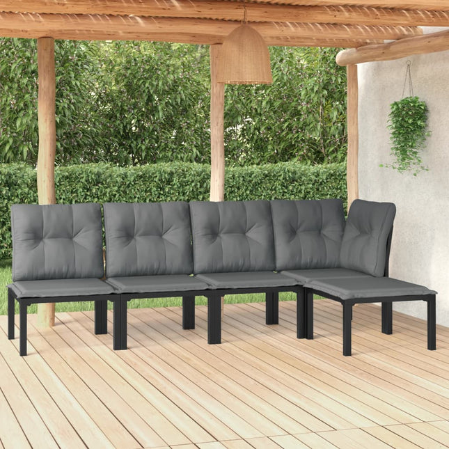 5-Delige Loungeset Poly Rattan Zwart En Grijs hoek + 3x midden + voetensteun