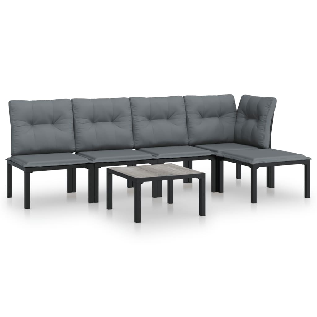 6-Delige Loungeset Poly Rattan Zwart En Grijs hoek + 3x midden + voetensteun + Tafel