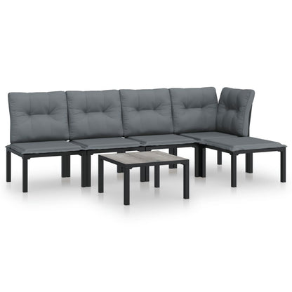 6-Delige Loungeset Poly Rattan Zwart En Grijs hoek + 3x midden + voetensteun + Tafel