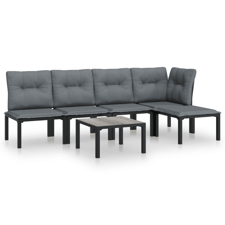 6-Delige Loungeset Poly Rattan Zwart En Grijs hoek + 3x midden + voetensteun + Tafel