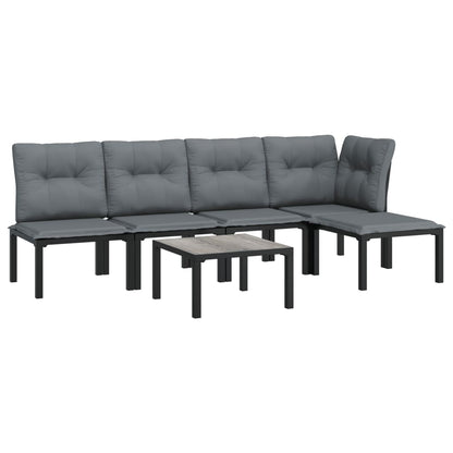 6-Delige Loungeset Poly Rattan Zwart En Grijs hoek + 3x midden + voetensteun + Tafel