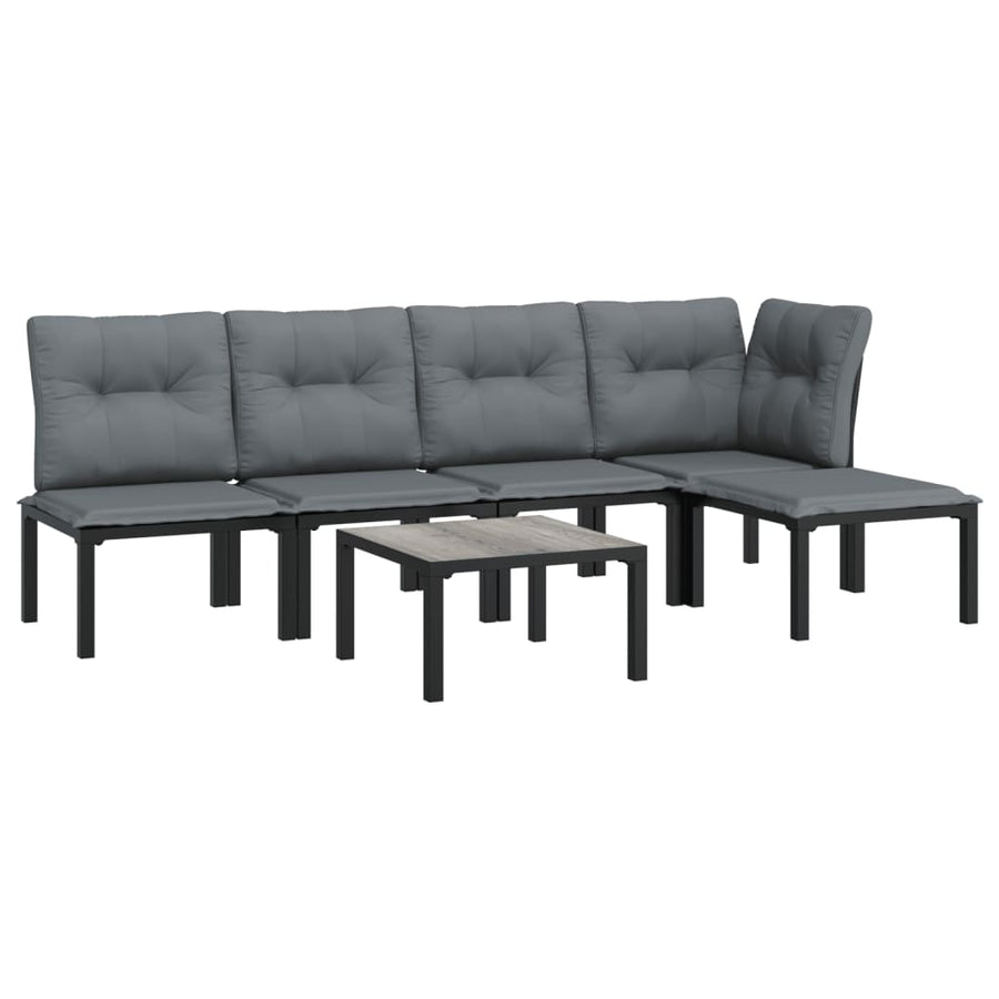 6-Delige Loungeset Poly Rattan Zwart En Grijs hoek + 3x midden + voetensteun + Tafel