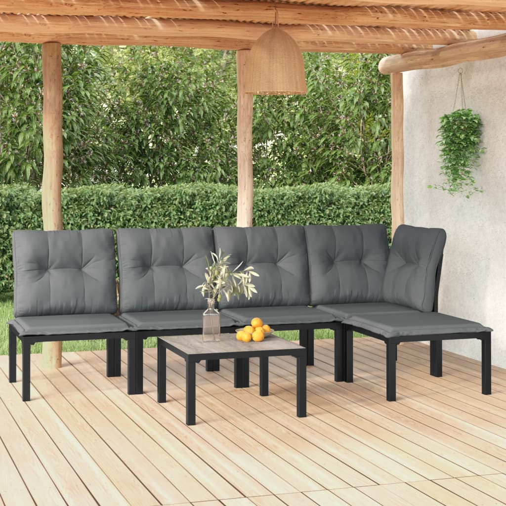6-Delige Loungeset Poly Rattan Zwart En Grijs hoek + 3x midden + voetensteun + Tafel