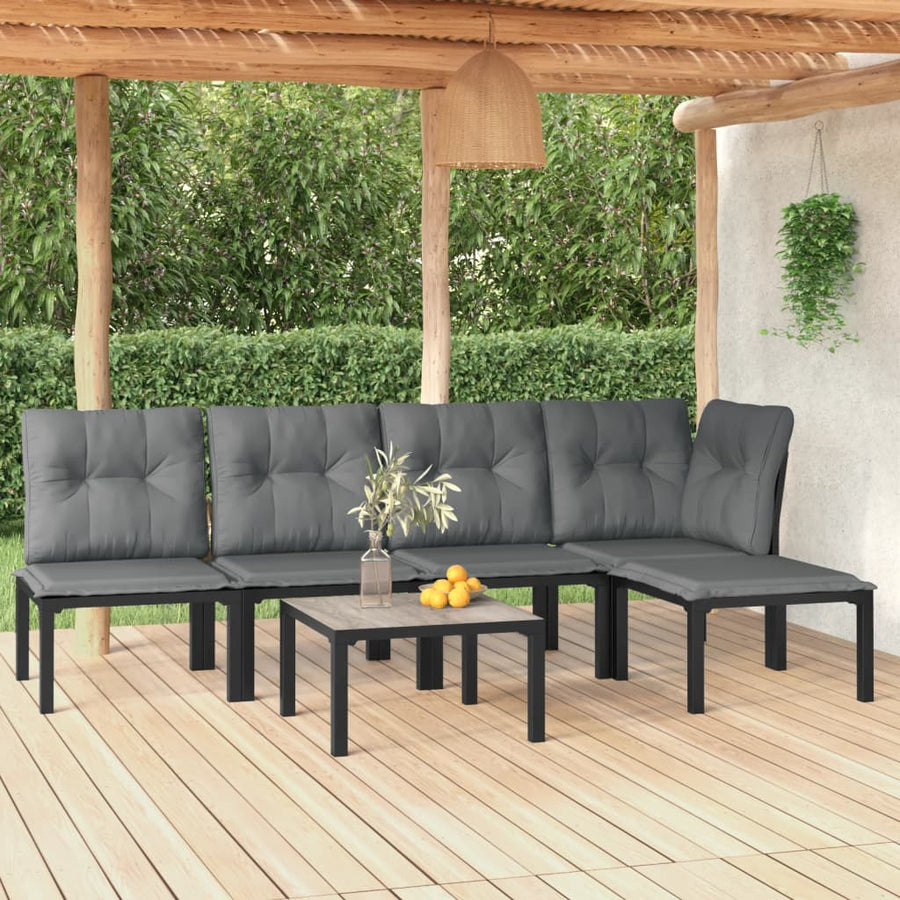 6-Delige Loungeset Poly Rattan Zwart En Grijs hoek + 3x midden + voetensteun + Tafel