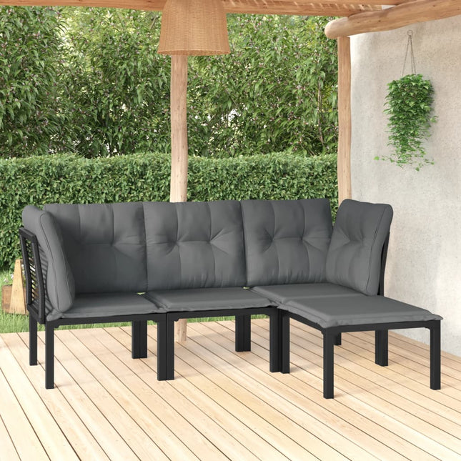 4-Delige Loungeset Poly Rattan Zwart En Grijs 2x hoek + midden + voetensteun