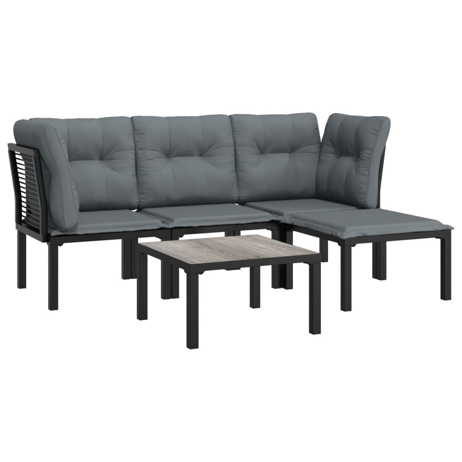 5-Delige Loungeset Poly Rattan Zwart En Grijs 2x hoek + midden + voetensteun + Tafel