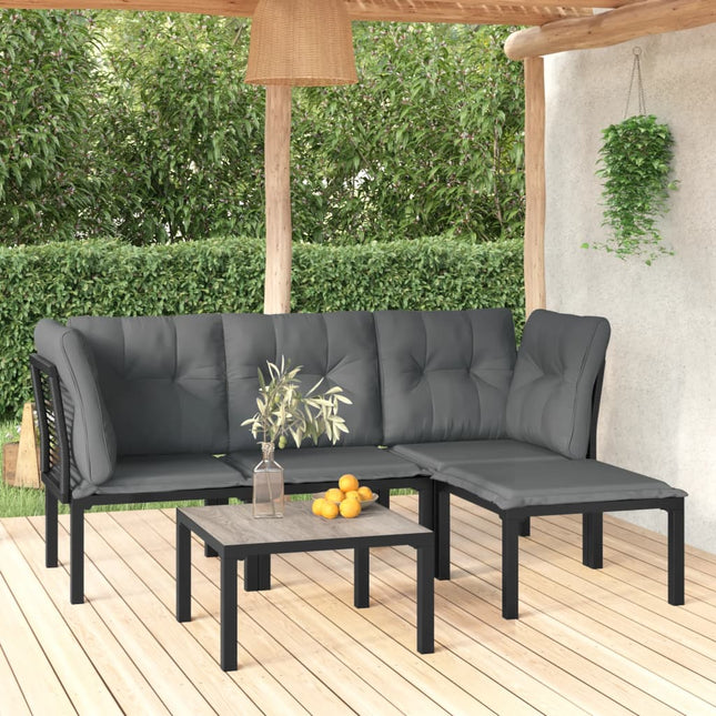 5-Delige Loungeset Poly Rattan Zwart En Grijs 2x hoek + midden + voetensteun + Tafel