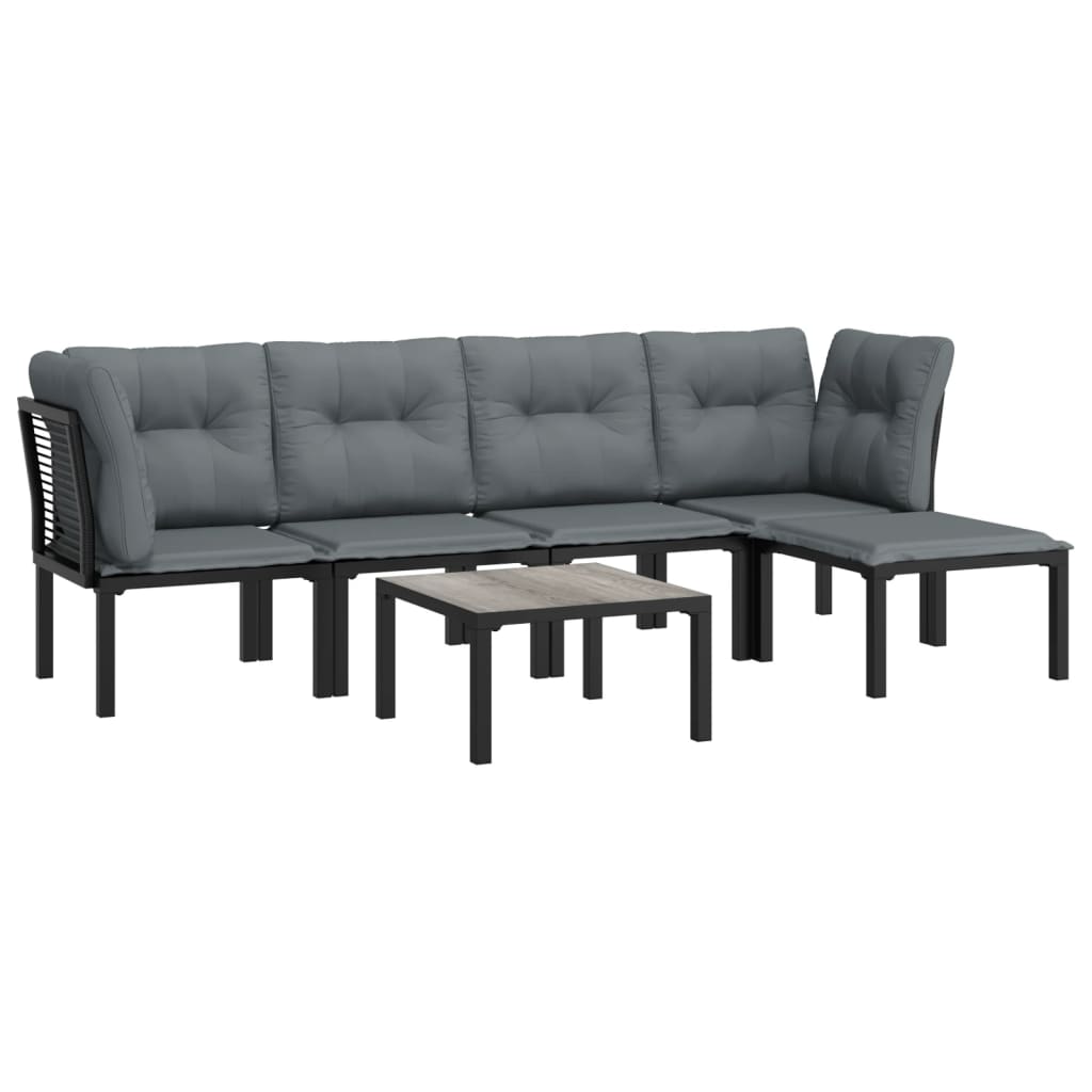 6-Delige Loungeset Poly Rattan Zwart En Grijs 2x hoek + 2x midden + voetensteun + Tafel
