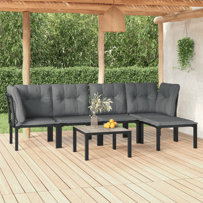 6-Delige Loungeset Poly Rattan Zwart En Grijs 2x hoek + 2x midden + voetensteun + Tafel