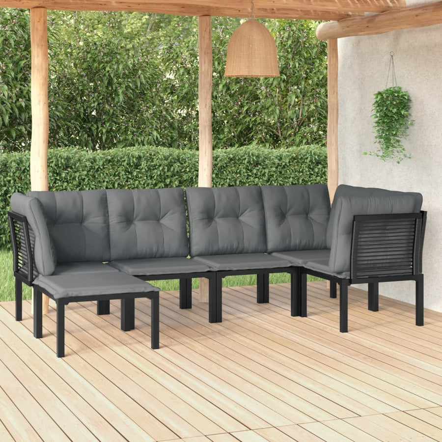 6-Delige Loungeset Poly Rattan Zwart En Grijs 3x hoek + 2x midden + voetensteun