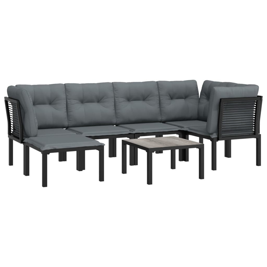 7-Delige Loungeset Poly Rattan Zwart En Grijs 3x hoek + 2x midden + voetensteun + Tafel