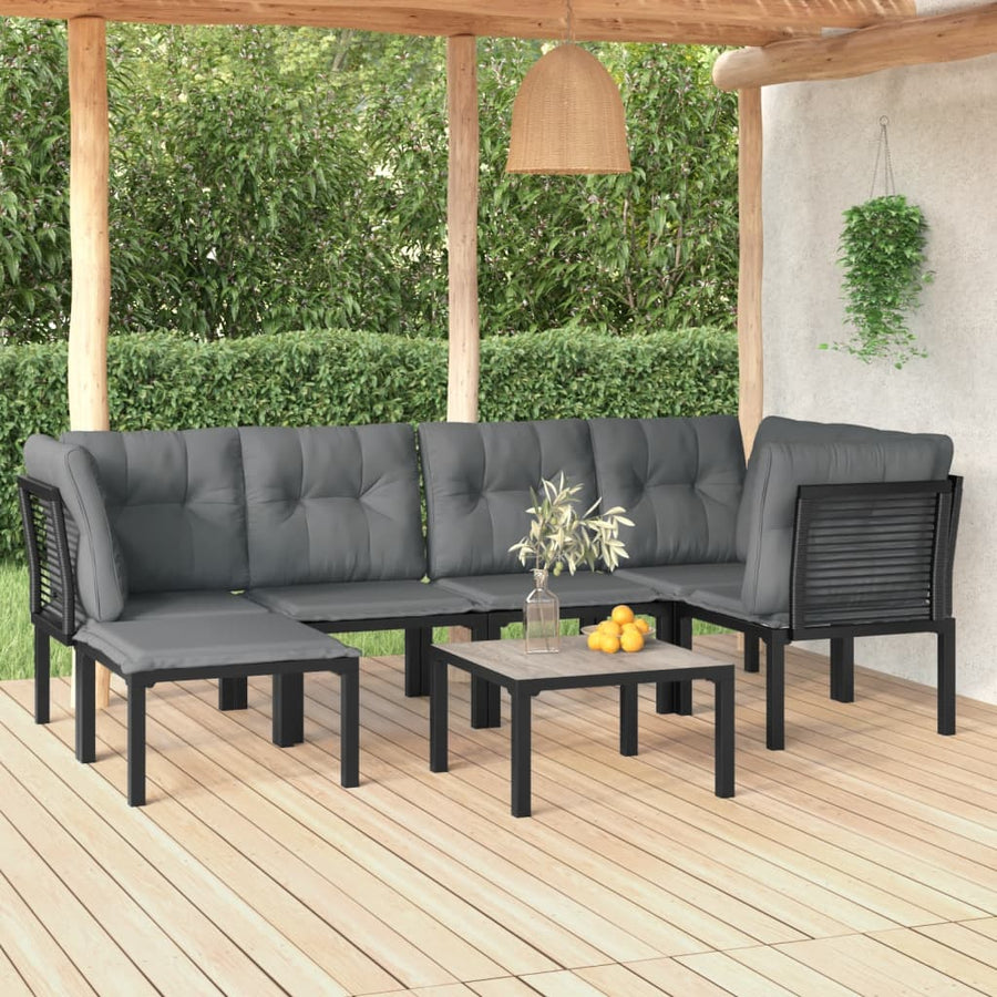 7-Delige Loungeset Poly Rattan Zwart En Grijs 3x hoek + 2x midden + voetensteun + Tafel