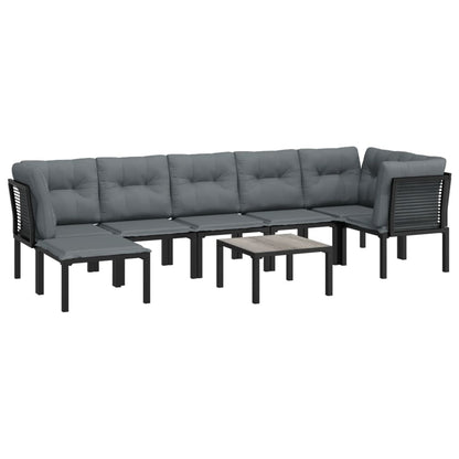 8-Delige Loungeset Poly Rattan Zwart En Grijs 3x hoek + 3x midden + voetensteun + Tafel