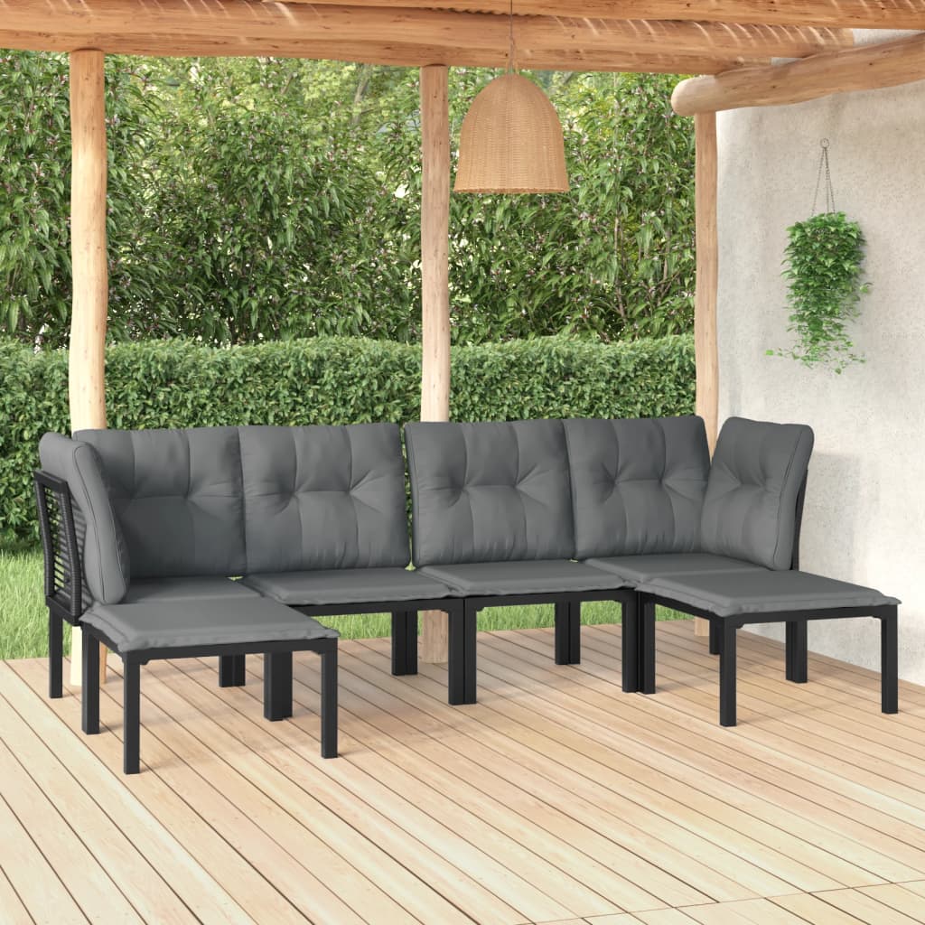 6-Delige Loungeset Poly Rattan Zwart En Grijs 2x hoek + 2x midden + 2x voetensteun