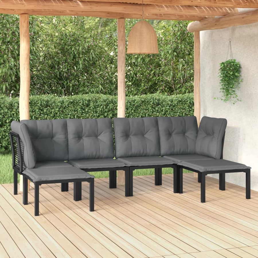 6-Delige Loungeset Poly Rattan Zwart En Grijs 2x hoek + 2x midden + 2x voetensteun