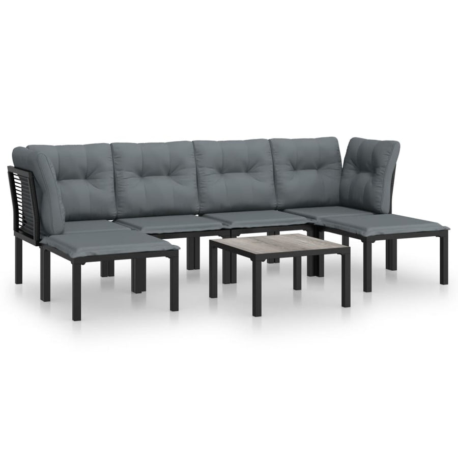 7-Delige Loungeset Poly Rattan Zwart En Grijs 2x hoek + 2x midden + 2x voetensteun + Tafel