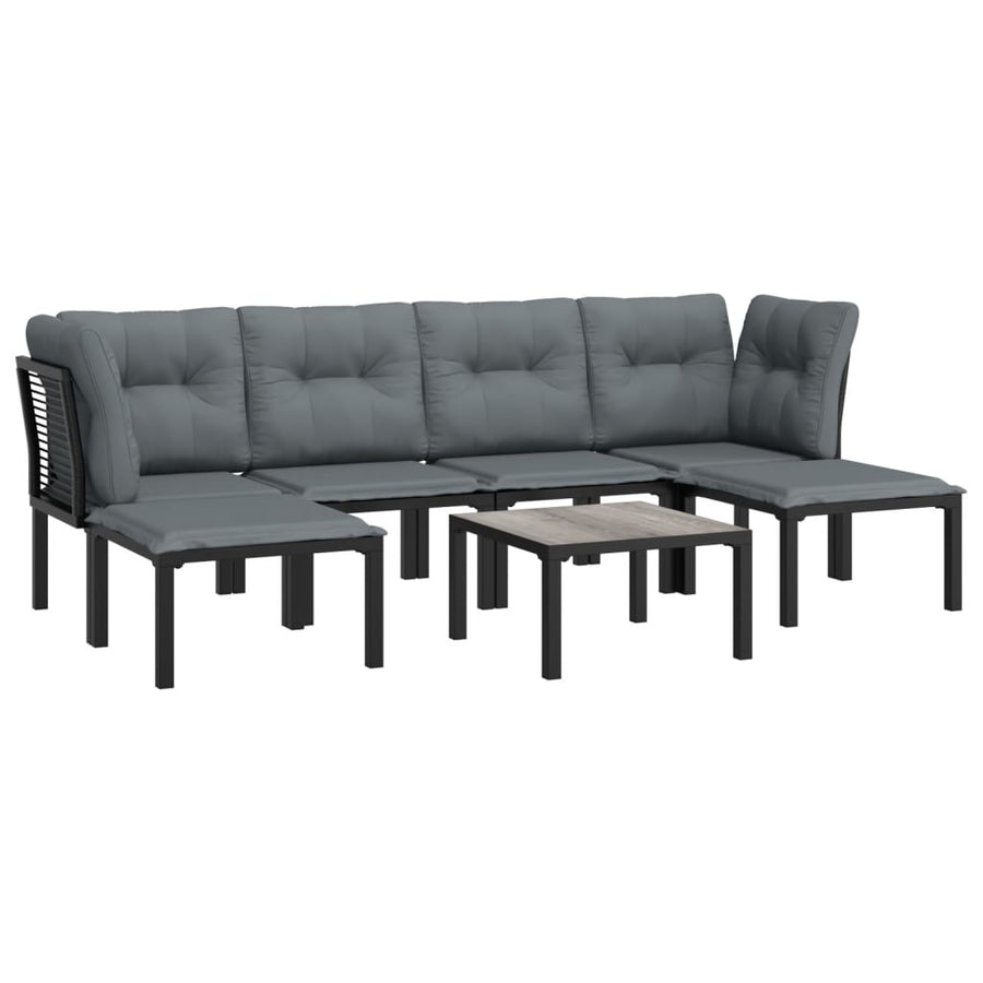 7-Delige Loungeset Poly Rattan Zwart En Grijs 2x hoek + 2x midden + 2x voetensteun + Tafel