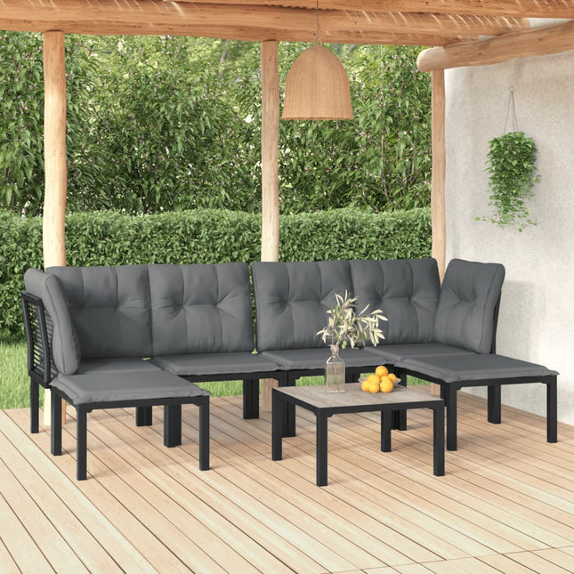 7-Delige Loungeset Poly Rattan Zwart En Grijs 2x hoek + 2x midden + 2x voetensteun + Tafel