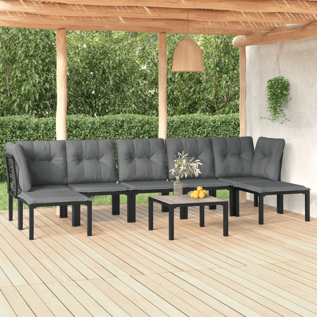 8-Delige Loungeset Poly Rattan Zwart En Grijs 2x hoek + 3x midden + 2x voetensteun + Tafel