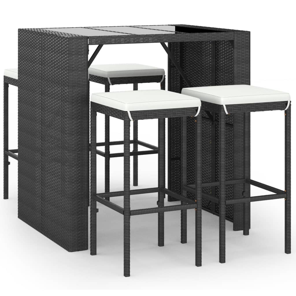 5-delige Tuinbarset met kussens poly rattan zwart