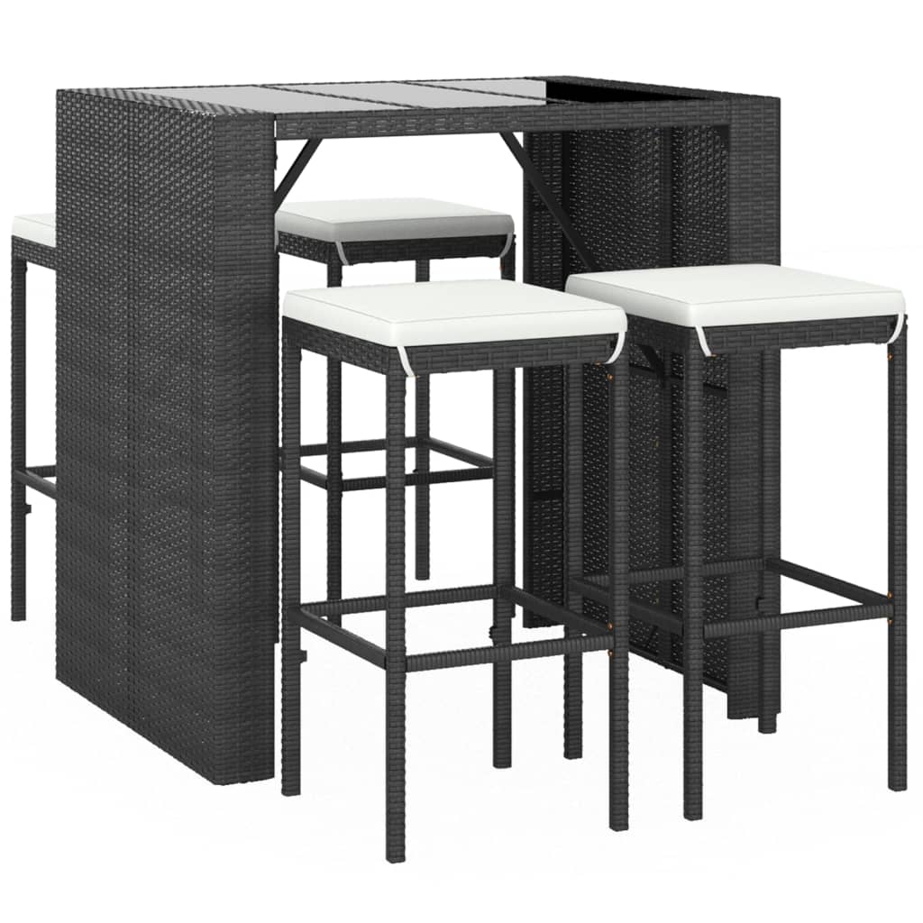 5-delige Tuinbarset met kussens poly rattan zwart