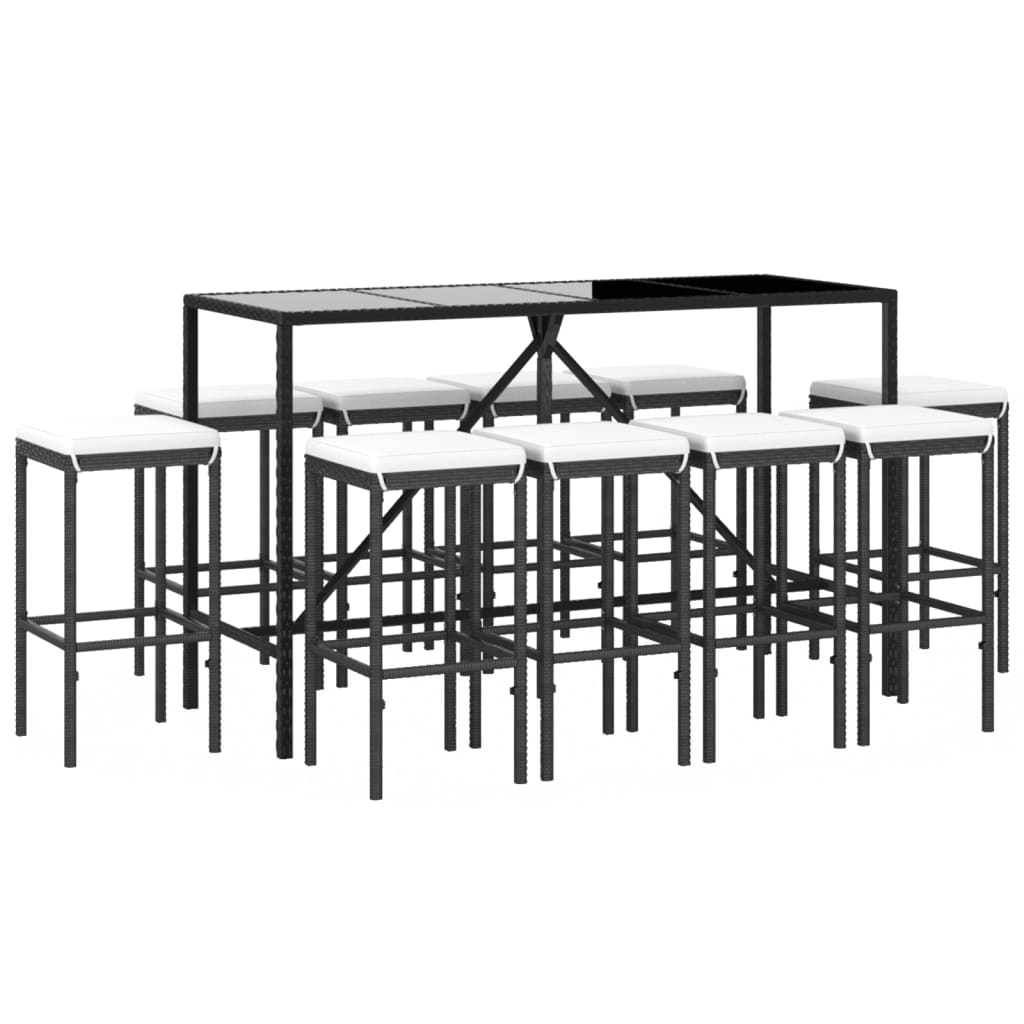 -Delige Tuinbarset Met Kussens Poly Rattan 11 180 cm tafellengte Zwart