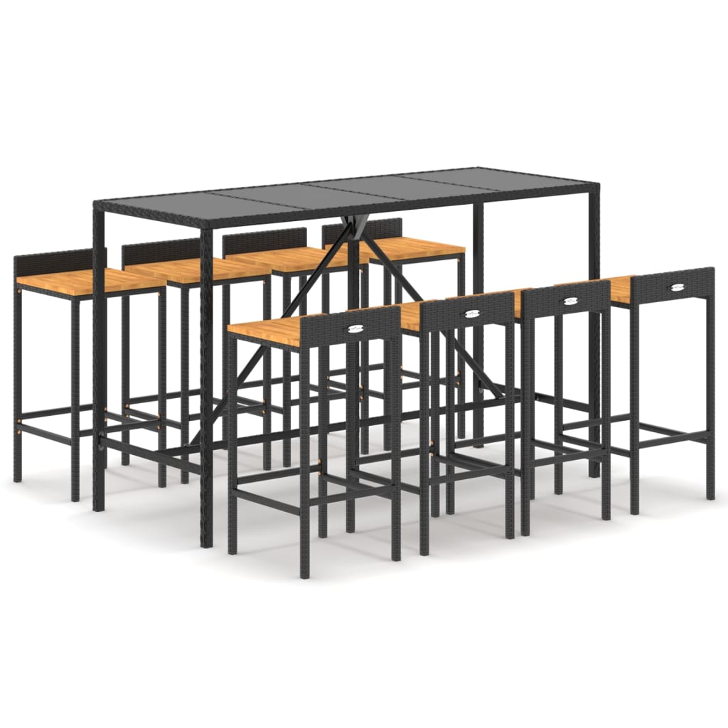 -Delige Tuinbarset Poly Rattan En Massief Acaciahout 9 180 cm tafellengte Zwart