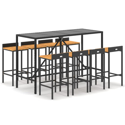 -Delige Tuinbarset Poly Rattan En Massief Acaciahout 9 180 cm tafellengte Zwart