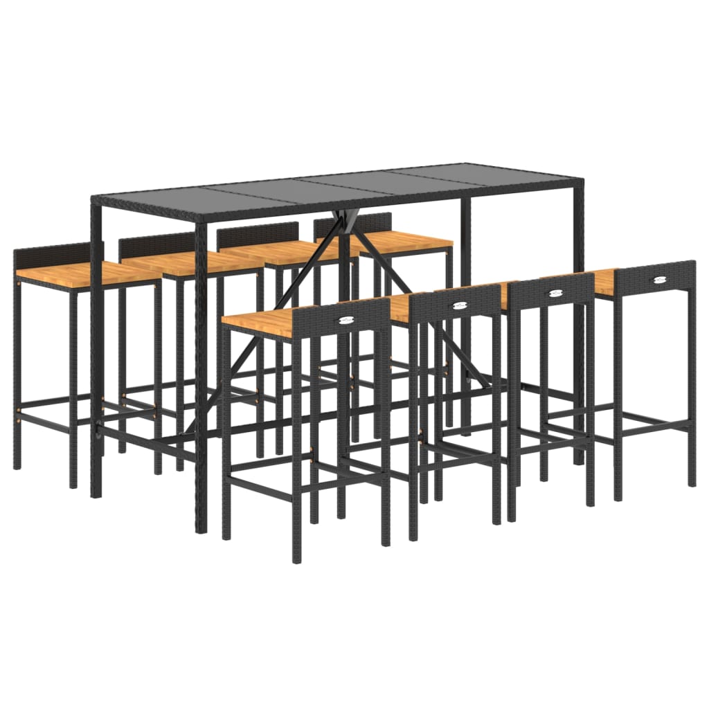 -Delige Tuinbarset Poly Rattan En Massief Acaciahout 9 180 cm tafellengte Zwart