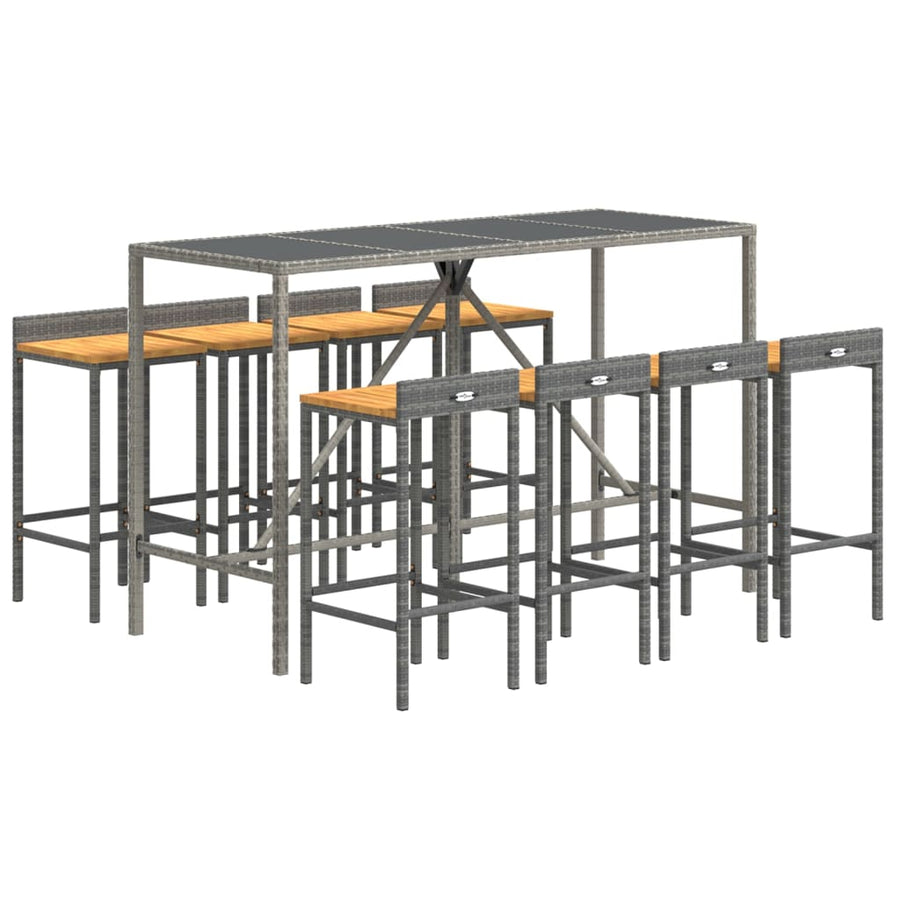-Delige Tuinbarset Poly Rattan En Massief Acaciahout 9 180 cm tafellengte Grijs