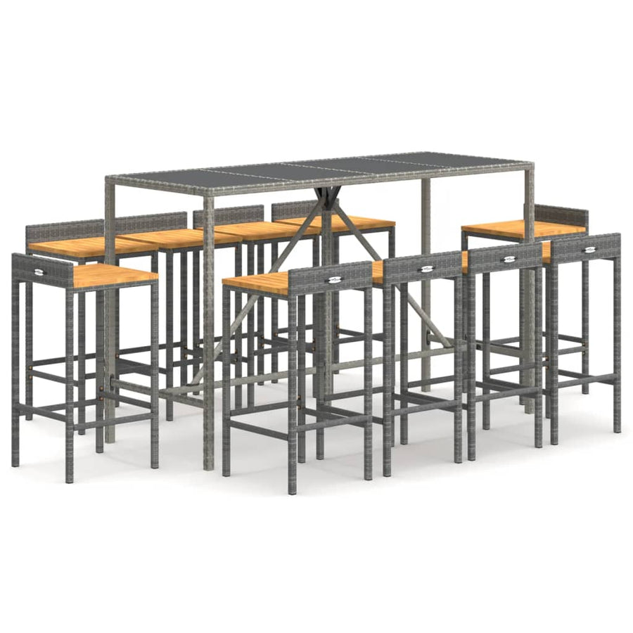 -Delige Tuinbarset Poly Rattan En Massief Acaciahout 11 180 cm tafellengte Grijs