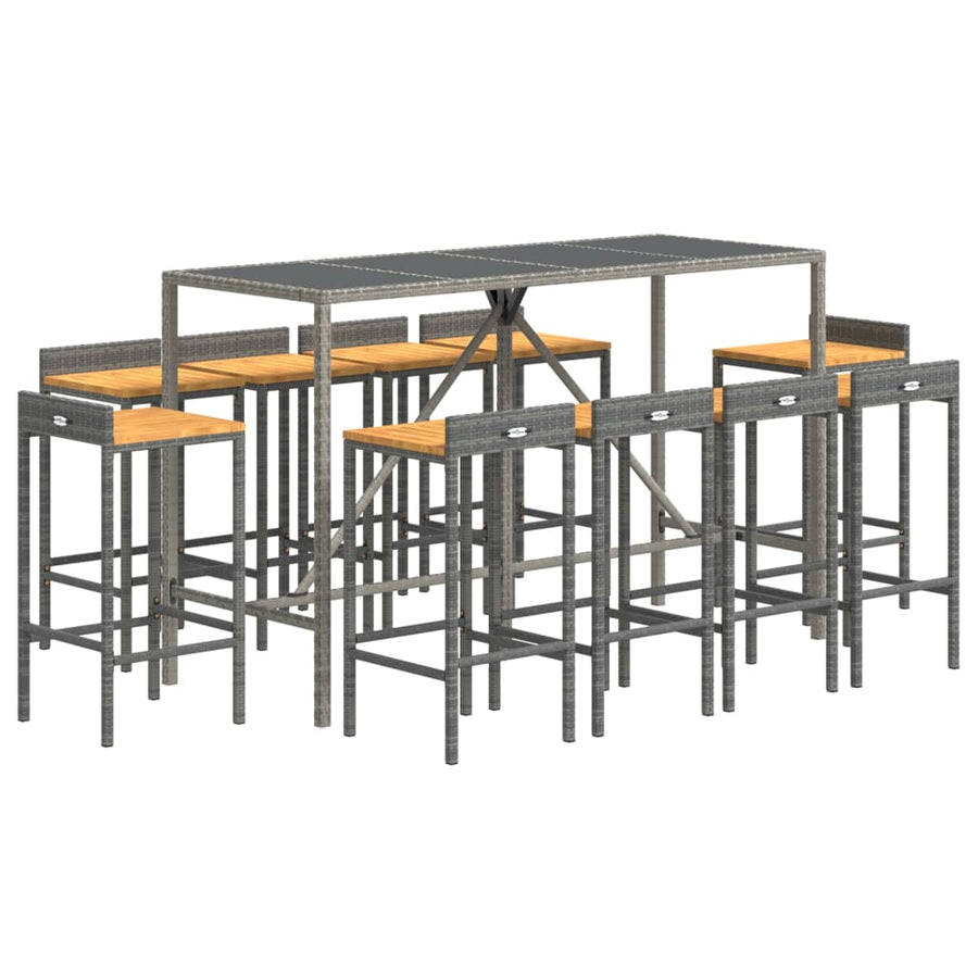 -Delige Tuinbarset Poly Rattan En Massief Acaciahout 11 180 cm tafellengte Grijs