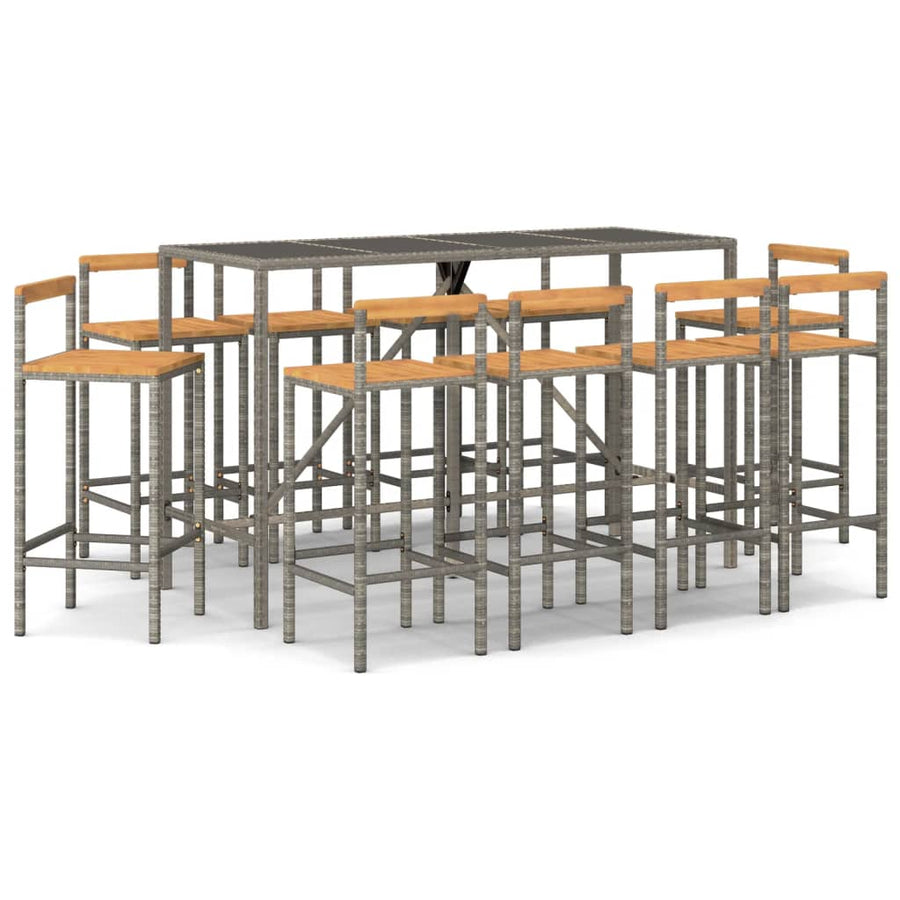 -Delige Tuinbarset Poly Rattan En Massief Acaciahout 11 180 cm tafellengte Grijs