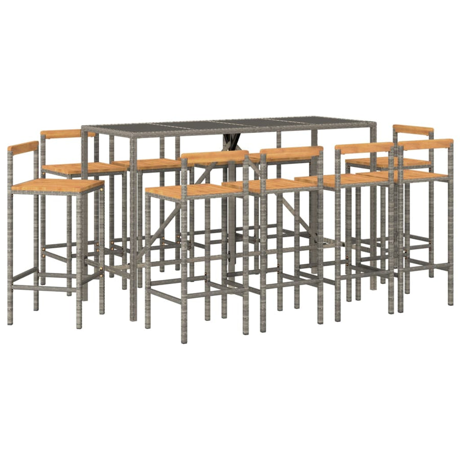-Delige Tuinbarset Poly Rattan En Massief Acaciahout 11 180 cm tafellengte Grijs