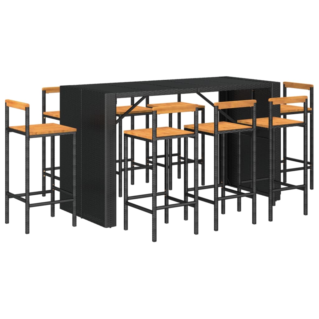 -Delige Tuinbarset Poly Rattan En Massief Acaciahout 9 Zwart