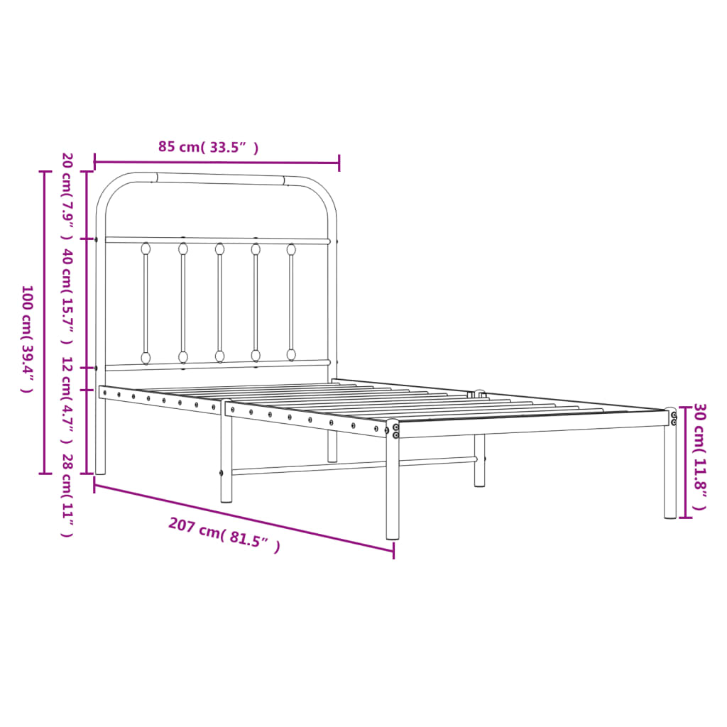 Bedframe Metaal 80 x 200 cm Zwart met hoofdbord