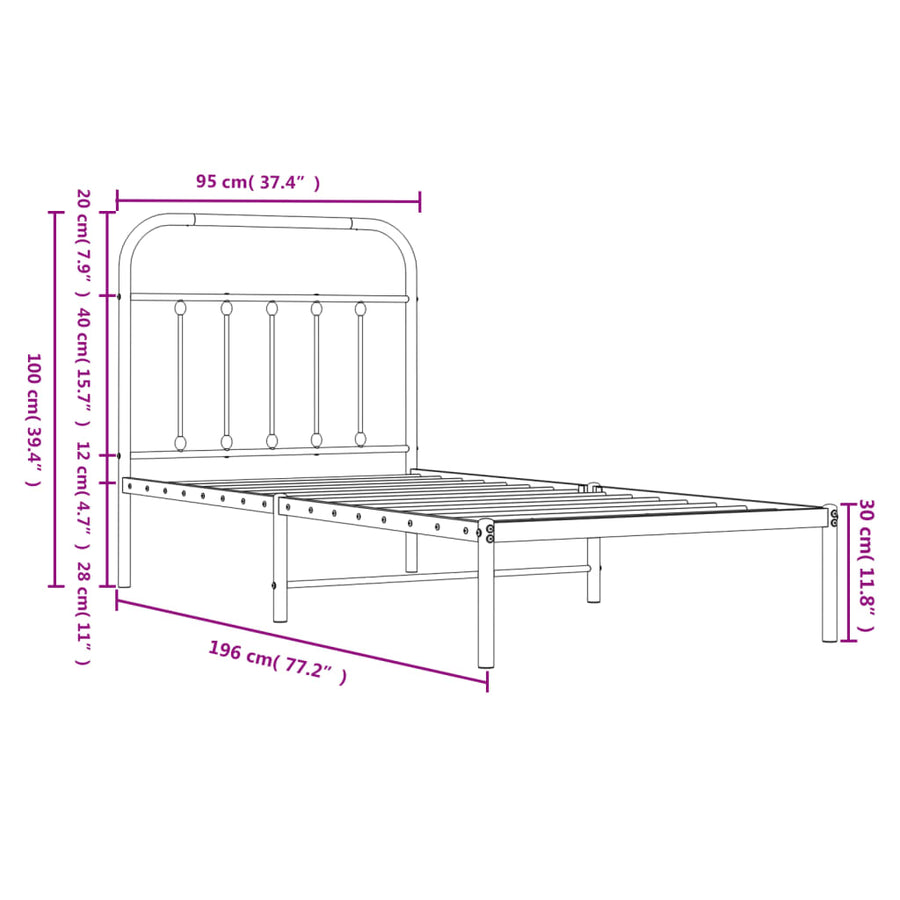 Bedframe Metaal 90 x 190 cm Zwart met hoofdbord