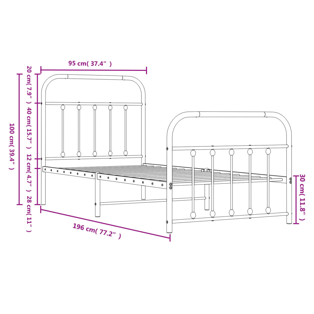 Bedframe Met Hoofd- En Voeteneinde Metaal 90 x 190 cm Zwart met hoofdbord & voetbord