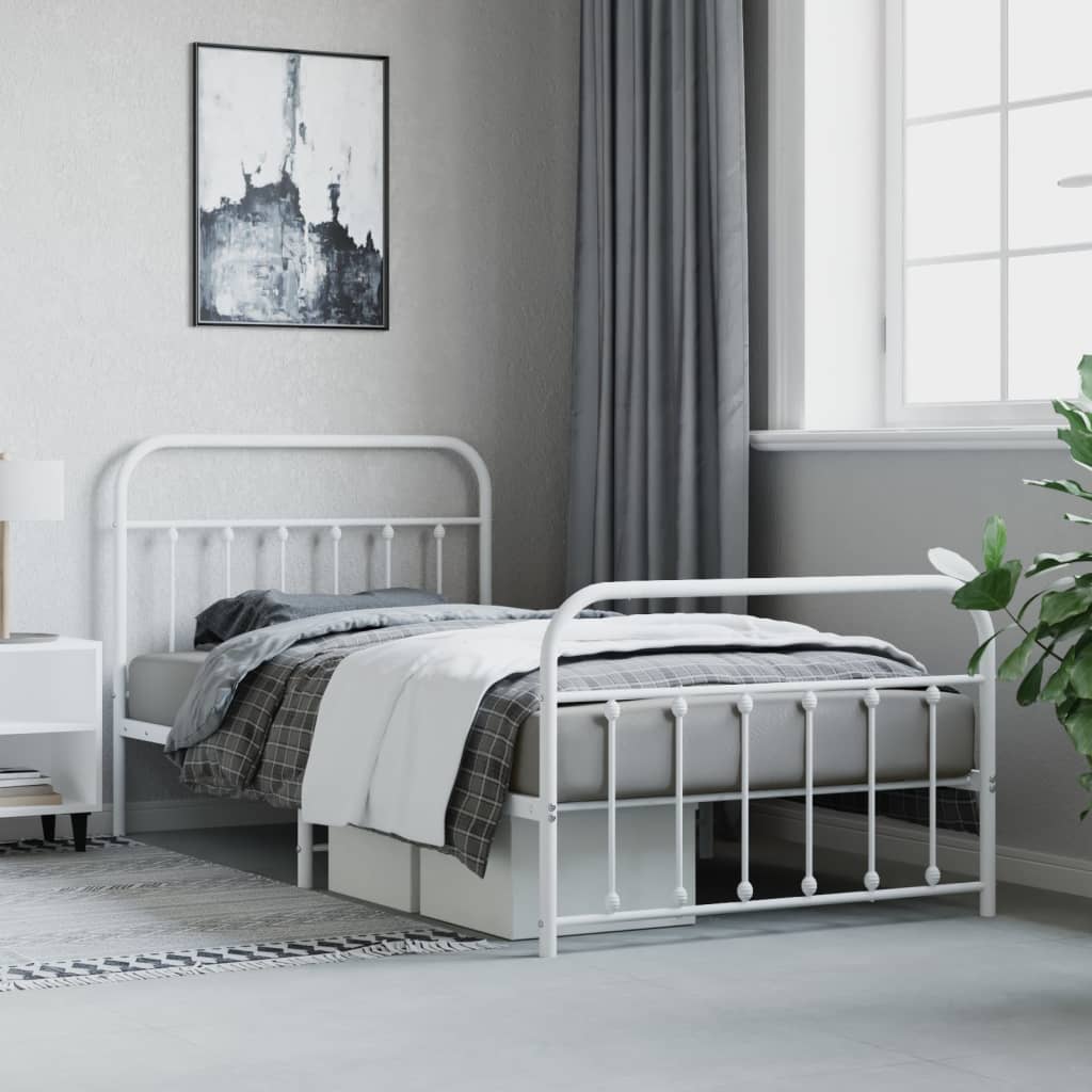 Bedframe Met Hoofd- En Voeteneinde Metaal 107 x 203 cm Wit met hoofdbord & voetbord