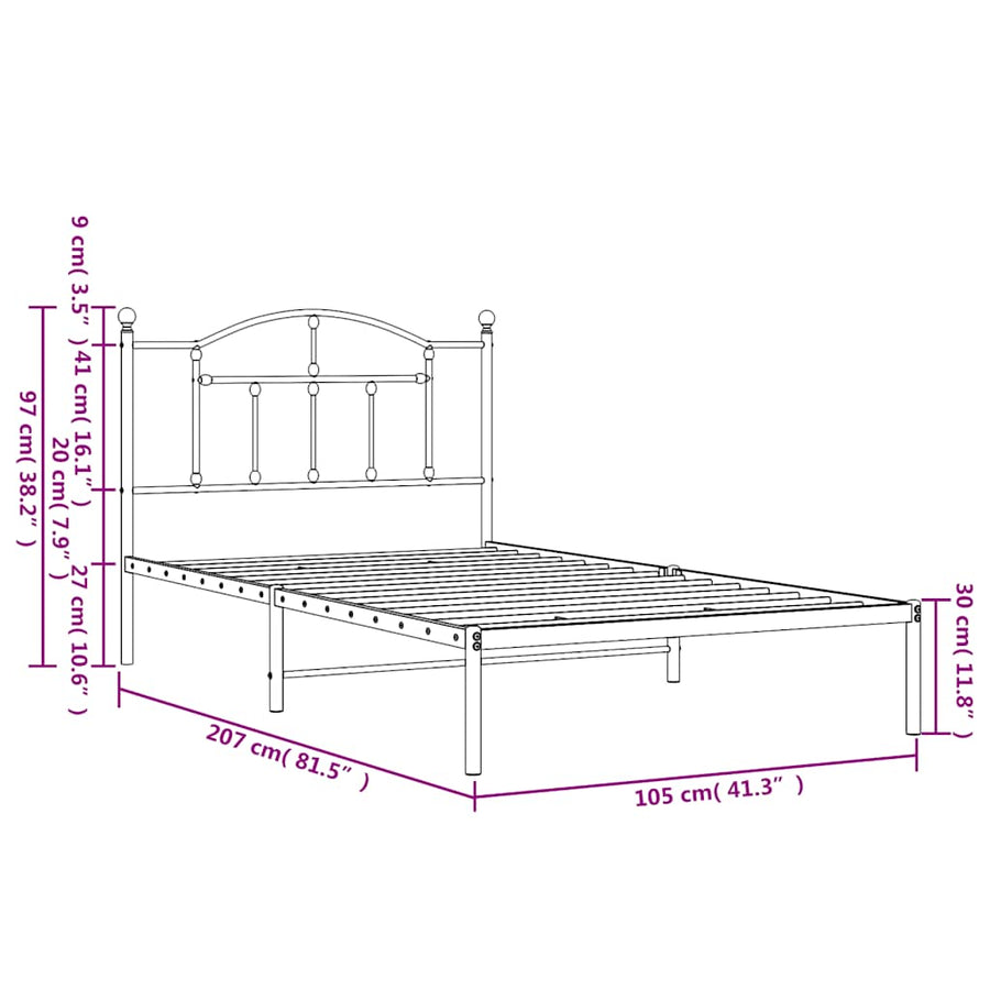 Bedframe met hoofdbord metaal zwart 100x200 cm