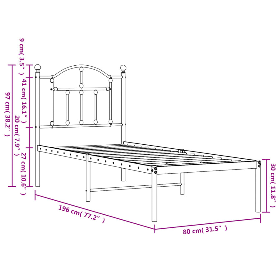 Bedframe Metaal 75 X 190 Cm Wit met hoofdbord