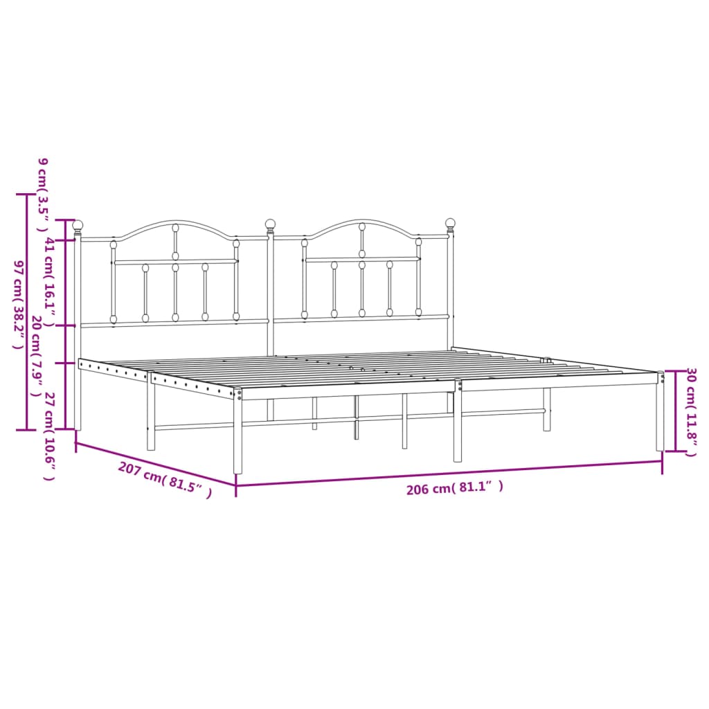Bedframe Metaal 200 x 200 cm Wit met hoofdbord