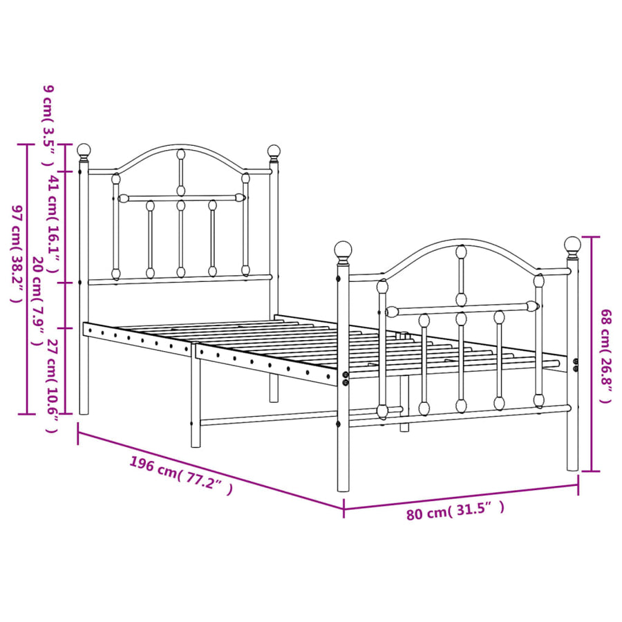 Bedframe met hoofd- en voeteneinde metaal wit 75x190 cm