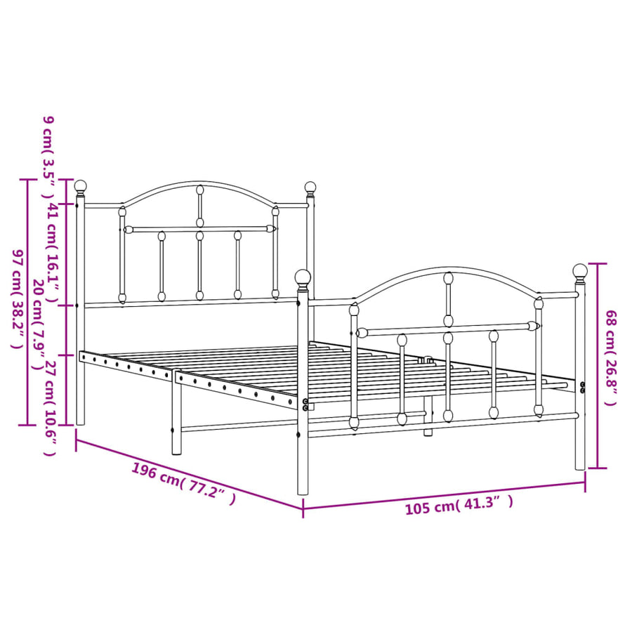 Bedframe Met Hoofd- En Voeteneinde Metaal 100 x 190 cm Wit met hoofdbord & voetbord