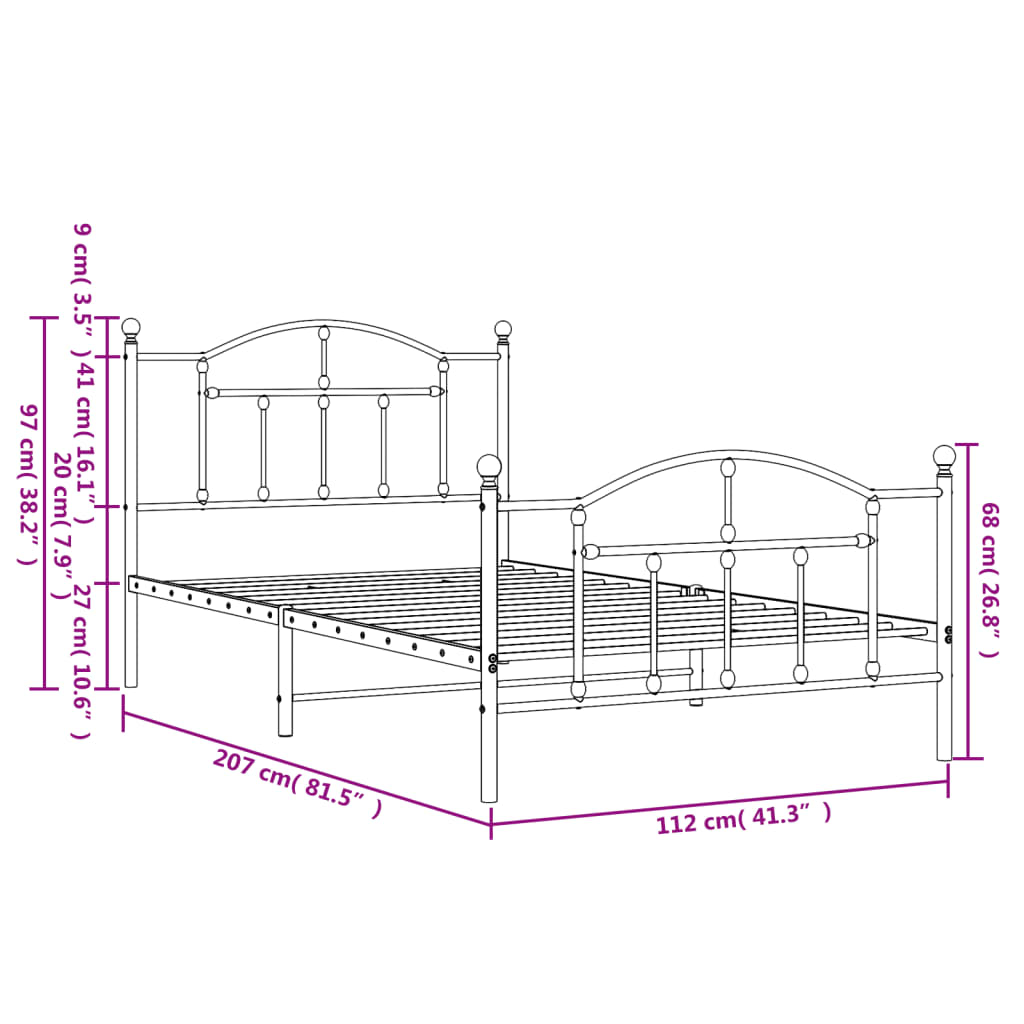 Bedframe Met Hoofd- En Voeteneinde Metaal 107 x 203 cm Wit met hoofdbord & voetbord