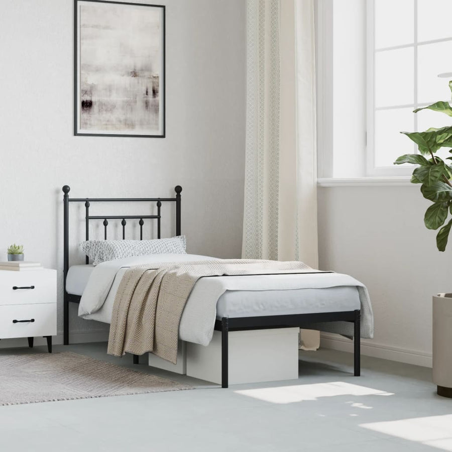 Bedframe Metaal Zwart 75 x 190 cm met hoofdbord