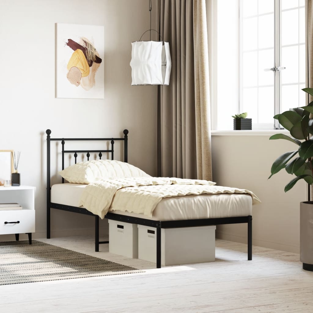 Bedframe Metaal Zwart 75 x 190 cm met hoofdbord